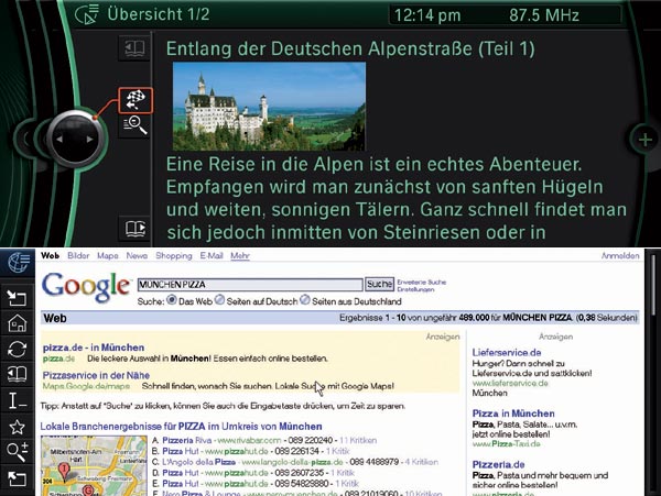 Neu sind ferner »Guided Tours« und der optionale Internetzugang. Alle Bilder zeigen die Darstellung auf einem 10,2-Zoll-Bildschirm, der dem 7er vorbehalten bleibt