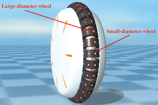 Der eigentliche Clou aber ist: Honda U3-X kann nicht nur vor- und rckwrts, sondern auch seitwrts und diagonal fahren. Die kleinen Rollen auf dem Rad dienen der Seitwrtsbewegung