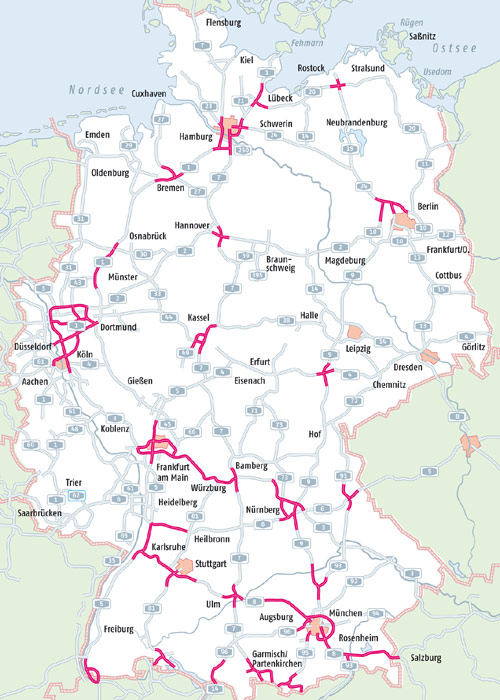 Die Karte zeigt die prognostizierten Staubereiche auf den Fernstrecken am ersten Wochenende 2010