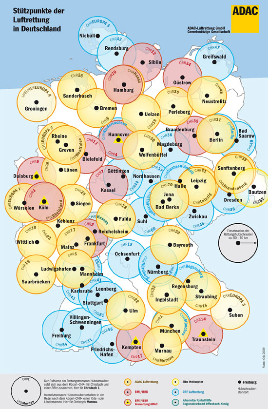 Der ADAC stellt derzeit 45 Rettungshubschrauber (RTH) und ist damit der grte Luftrettungsbetreiber Deutschlands