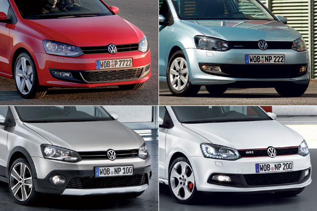 Ein Gesicht, vier Variationen: VW Polo, Polo BlueMotion (oben), Cross Polo und Polo GTI