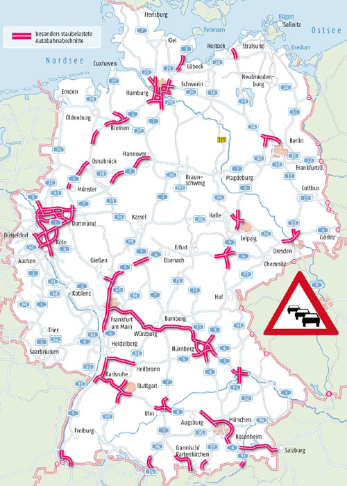 Die Karte zeigt die prognostizierten Staubereiche am langen Pfingst-Wochenende 2010