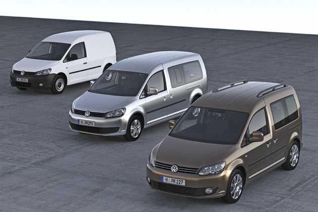Die Neuerungen gelten auch fr den Caddy Maxi (Mitte) und die Nutzfahrzeug-Varianten, die VW aber noch nicht weitergehend im Bild zeigen mag