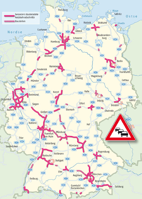 Die Karte zeigt die prognostizierten Staubereiche im Sommerreiseverkehr 2010