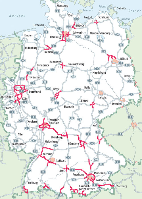 Die Karte zeigt die prognostizierten Staubereiche im Weihnachtsverkehr 2010