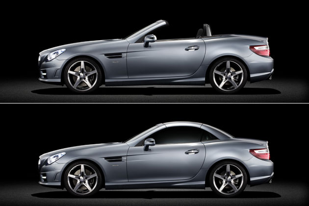 Auch geschlossen macht der neue SLK eine gute Figur. Das Sondermodell ist mit dem AMG-Designpaket ausgestattet, das markanter gestylte Schrzen und Schweller beinhaltet