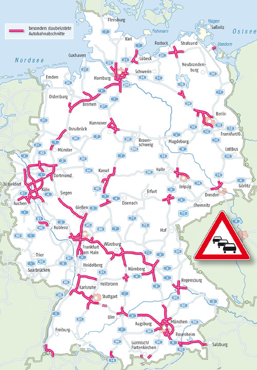 Die Karte zeigt die vom ADAC erwarteten Staubereiche im Sommerreiseverkehr 2011