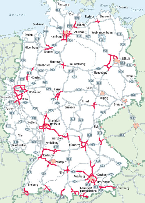 Die Karte zeigt die prognostizierten Staubereiche im Weihnachtsverkehr 2011