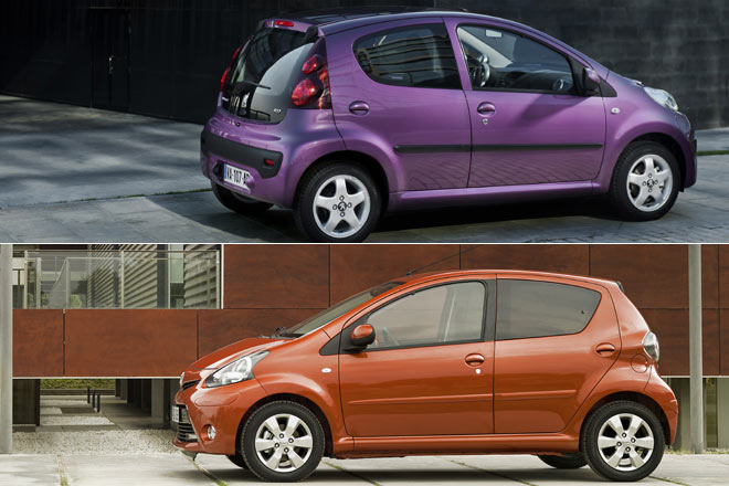 Wesentliche Unterscheidungsmerkmale des Toyota Aygo zu den nahezu baugleichen Schwestermodellen von Peugeot (oben) und Citron sind die horizontalen Rckleuchten und die sichtbare C-Sule, wie der Vergleich zeigt