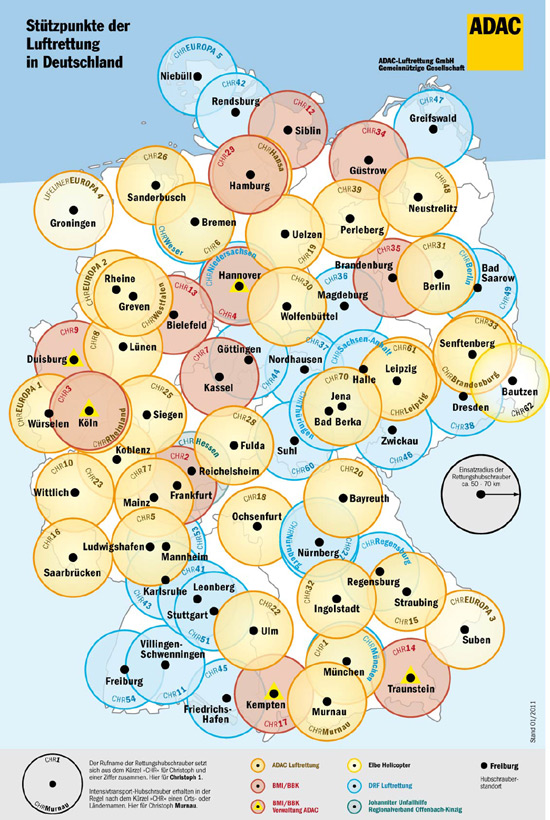 Der ADAC betreibt derzeit 34 Stationen und ist damit der größte Luftrettungsbetreiber Deutschlands