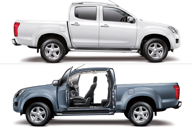 Neben einer Single-Cab-Variante gibt es den Double Cab (oben) mit konventionellen und den Space Cab mit gegenlufig ffnenden Tren