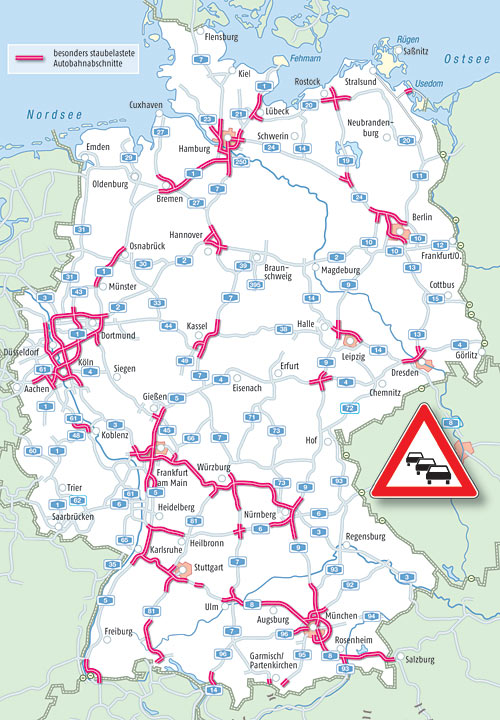 Die Karte zeigt die grten der vom ADAC fr den Osterreiseverkehr 2012 erwarteten Staubereiche auf Fernstrecken