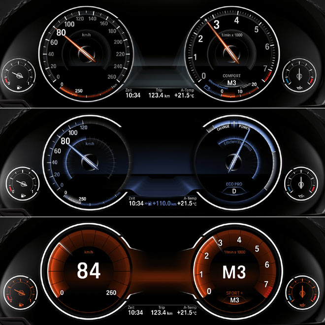 Je nach gewhltem Fahrmodus prsentieren sich die Instrumente nun farblich, grafisch und inhaltlich differenziert (oben: Standard, Mitte: Eco, unten: Sport)