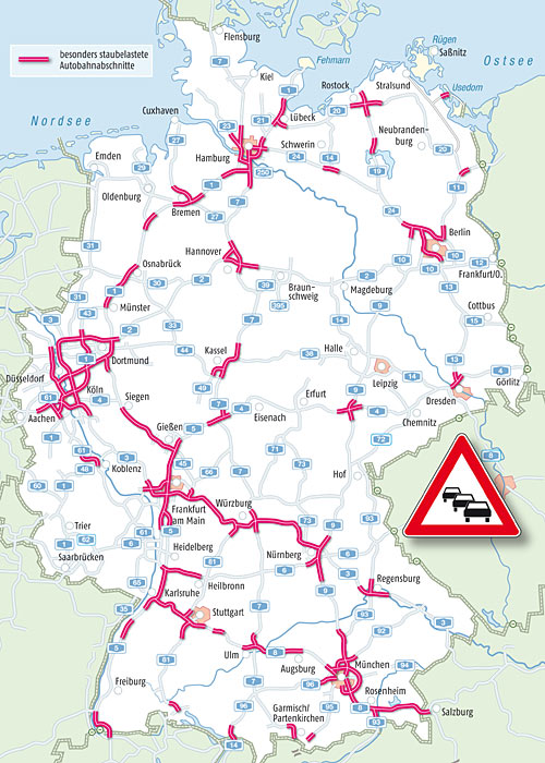 Die Karte zeigt die vom ADAC erwarteten Staubereiche im Sommerreiseverkehr 2012