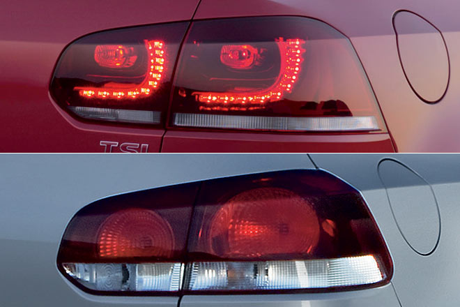 Zum Vergleich: Die Golf-VI-Serienleuchten (unten) waren nicht besonders detailverliebt, die optionalen Teil-LED-Leuchten dafr chic. Hinweis fr Genau-Gucker: Das obere Bild zeigt ein Cabrio, daher der andere Fugenverlauf