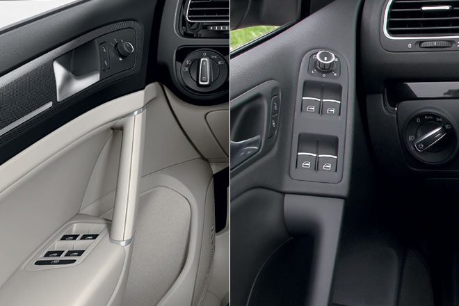 Die Fensterheber- und Spiegelverstellung ist nun getrennt und ergonomisch schlchter platziert als im Golf VI (rechts)