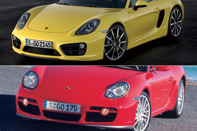 Neuer und bisheriger Cayman im Vergleich: Das alte Coup ist ein schnes Auto, doch der neue sieht speziell dank der Scheinwerferform und der stehenden Auenspiegel noch besser aus