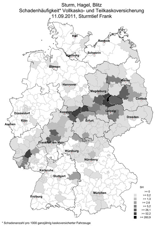 Den größten Schaden richtete 2011 Sturmtief &raquo;Frank&laquo; im Zulassungsbezirk Dessau-Roßlau in Sachsen-Anhalt an. Die Grafik zeigt, wie sich die Unwetterfront bewegte