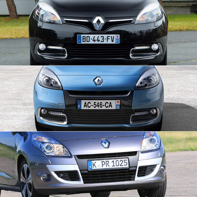 Scnic-Evolution mit sichtbarem Fortschritt: Oben das aktuelle 2013-Modell, darunter die 2012er-Version, unten die 2009 eingefhrte Ur-Variante