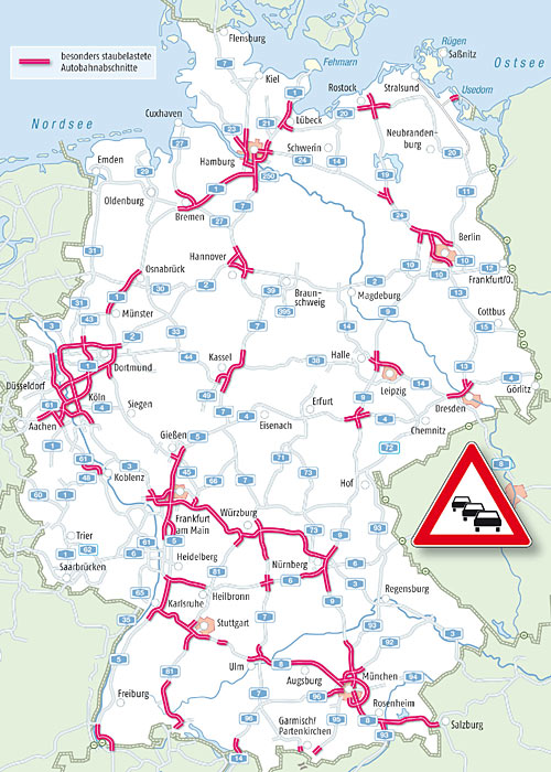 Die Karte zeigt die vom ADAC prognostizierten Autobahn-Staubereiche im Osterreiseverkehr 2013