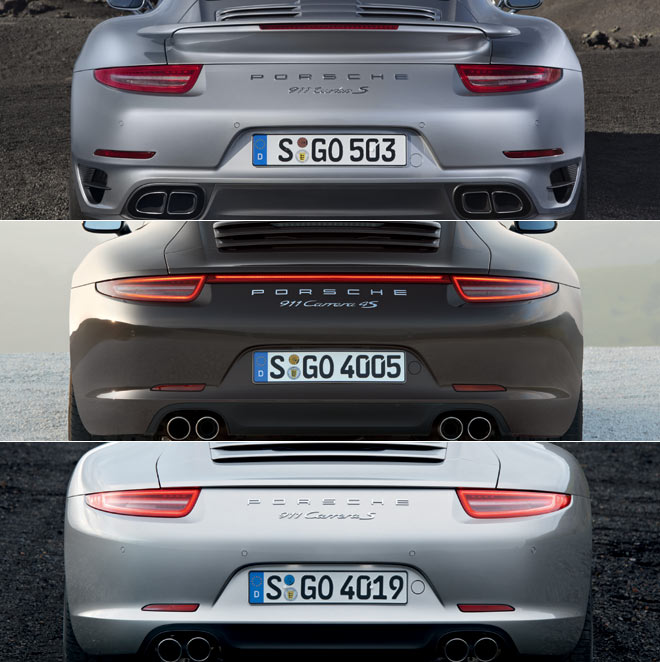 Familienalbum: Die Turbo-Modelle (oben) sind nochmals 28 Millimeter breiter als die Carrera-4-Varianten (Mitte), die ihrerseits die normalen Carrera (unten) um 22 Millimeter betreffen