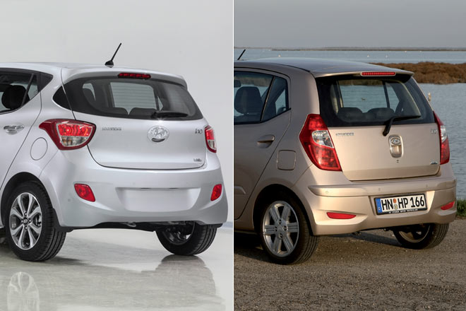 Alter und neuer i10 im Vergleich: Der Design-Fortschritt ist in nahezu allen Details, etwa auch an der Wischergeometrie oder dem Dachabschluss, erkennbar