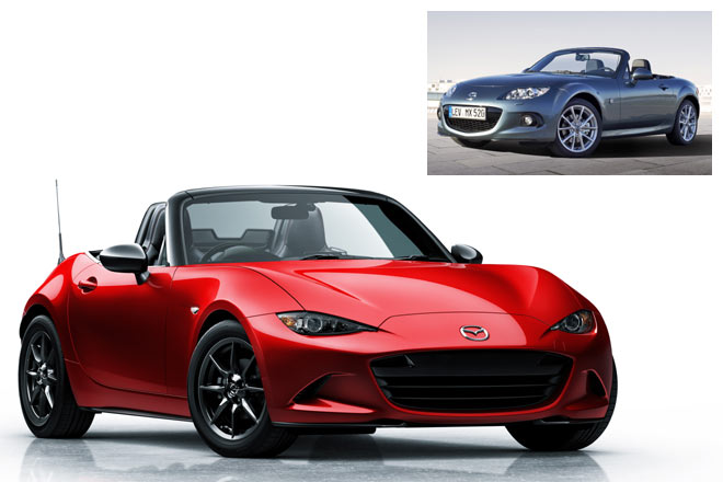 Noch ein schneres Bild des neuen MX-5 und der Vergleich mit dem vertrauten Vorgnger: Die Radhuser haben gewonnen, der Gesamteindruck nicht unbedingt