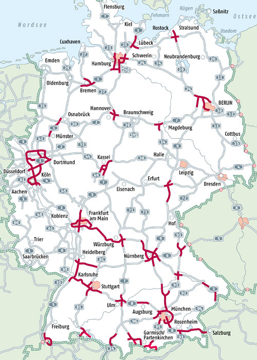 Die Karte zeigt die erwarteten Staubereiche auf Autobahnen in Deutschland whrend der Weihnachsferien 2014/15