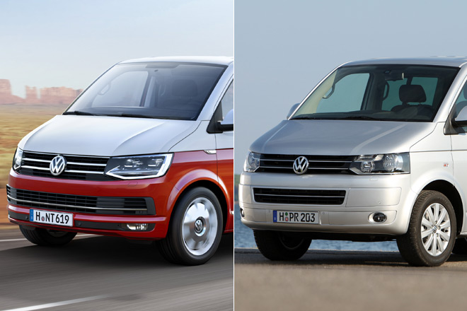 T6 und T5 im Vergleich: Der neue wirkt noch satter, der alte nach wie vor gelungen. Schade, dass VW weiterhin auf Spiegelblinker verzichtet