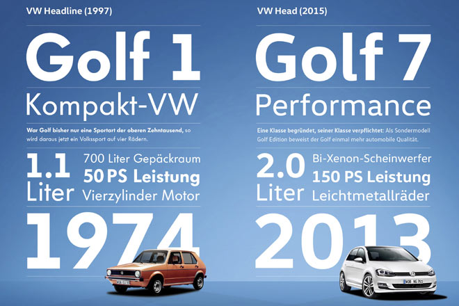 Alte (links) und neue VW-Schriften im Vergleich: Die neue Schrift luft breiter und ist detailverliebter, der Rest ist Geschmackssache. Mit dem Dezimaltrennzeichen und korrekten Bindestrichen hat es VW nicht so. Interessant, dass der Konzern die Golf-Generationen inzwischen zwar offiziell durchnummeriert, dabei aber entgegen des Usus nicht auf rmische Ziffern setzt