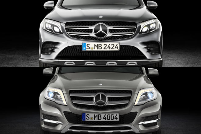 Zum Vergleich: GLC und GLK. Der Neue wirkt harmonischer speziell als der Facelift-GLK