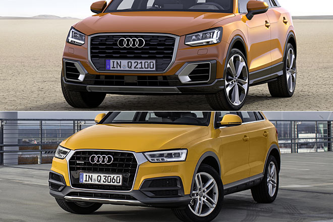 Audi Q2 und Q3 im Vergleich: Das Neuere scheint dem Bew�hrten in Sachen Grill, Scheinwerfer und Au�enspiegel optisch �berlegen
