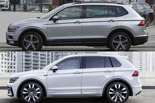 Kunden müssen sich zwischen Schönheit und inneren Werten entscheiden: Wie meist bei Langversionen ist das &raquo;normale&laquo; Modell (hier mit R-Line-Paket) die schönere Variante (Bilder nicht maßstabsgleich)