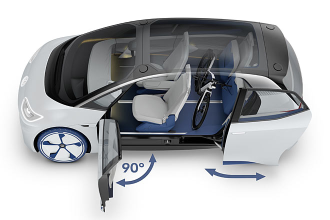 Der I.D. verzichtet auf eine B-S�ule, die hinteren T�ren schwenken elektrisch nach au�en. Die Integralsitze im Fond lassen sich hochklappen wie auf dem Bild oder im Boden verstauen