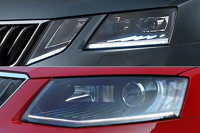 Das nun vierfache Tagfahrlicht kleckert anders als bisher (unteres Bild) und auch anders als beim Superb nach oben, &raquo;kristallinen Look&laquo; nennt der Hersteller das