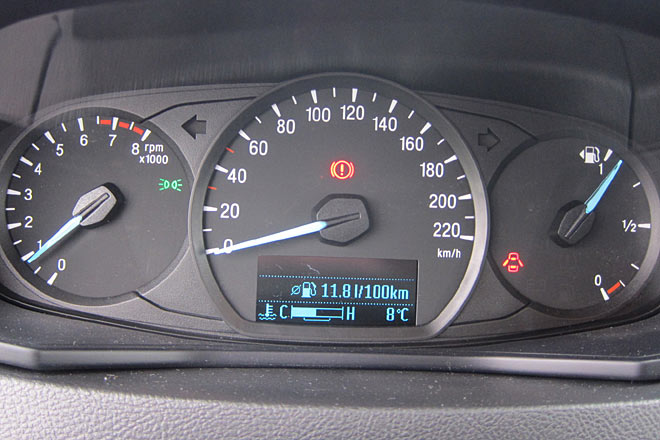 Gut ablesbare, aber höchstens suboptimal designte Instrumentierung. Der pixelige Bordcomputer wirkt wie aus den 1990er-Jahren