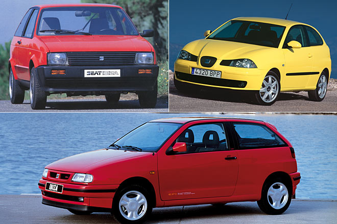 R�ckblende: Ibiza I, Ibiza III und unten dide zweite Ibiza-Generation. Insgesamt hat Seat seit 1984 �ber 5,4 Millionen Einheiten verkauft