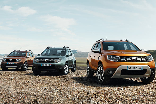 Das neue Modell im Vergleich mit dem Duster I (links) und dessen Facelift-Version. Über zwei Millionen Stück hat Renault seit 2010 verkauft