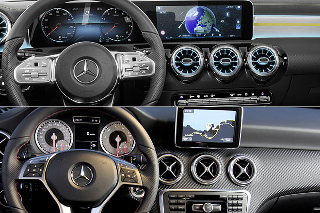 Neue und alte Instrumententafel der A-Klasse im Vergleich: &raquo;Jung geblieben, aber erwachsen geworden&laquo;, sagt das Marketing nicht zu Unrecht
