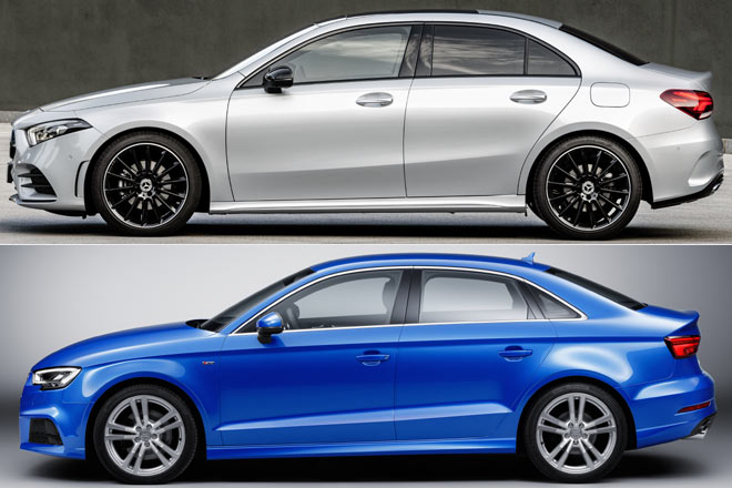 Einziger Konkurrent ist aktuell die Limousine des Audi A3, die sich in der Seitenansicht vor allem durch das separate Fenster in der C-Säule unterscheidet (Bilder sind nicht maßstabsgleich)