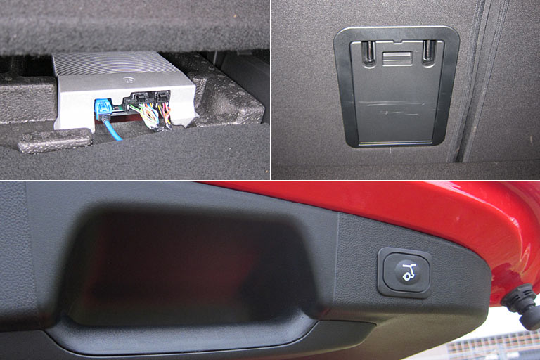 Unter dem Ladeboden sind Kabel ungeschützt verlegt. Statt einer 40:20:40-Aufteilung gibt es in der einfach geteilten Rückbanklehne nur eine kleine Durchlade. Große Griffe für die Heckklappe, ihr elektrischer Antrieb schert sich nicht um Hindernisse