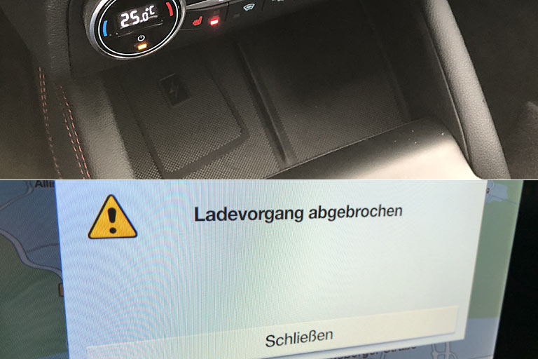 Die Qi-Lademöglichkeit für Handys ist gut gemeint, aber schlecht gemacht: Ständig rutscht das Handy aus dem Ladebereich heraus, und dann muss auch noch ein entsprechender Hinweis weggedrückt werden