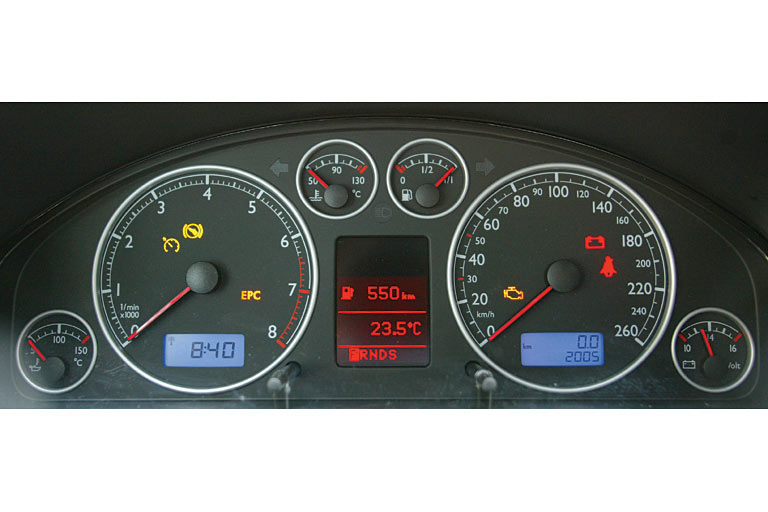 Damals gab es zwar keine digitalen Instrumente, wohl aber dieses feine Arrangement mit gleich sechs Uhren, drei Displays und feinen Chromrähmchen