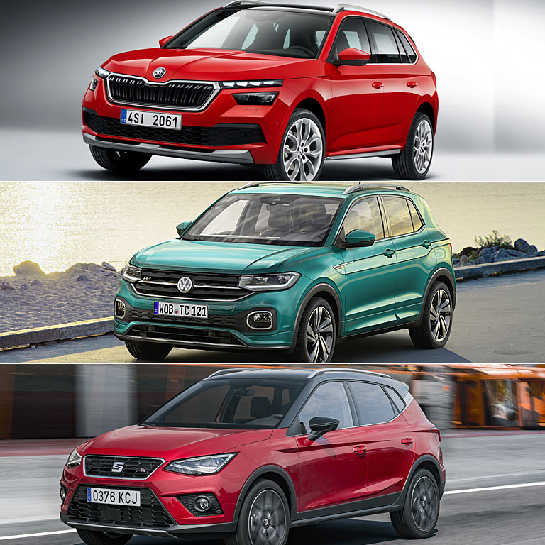 Ein Auto, drei Interpretationen: Kamiq mit seinen Schwestermodellen VW T-Cross und Seat Arona. Dem Škoda fehlen die schwarzen Radhhaus-Kanten, im Übrigen gefällt er uns am besten