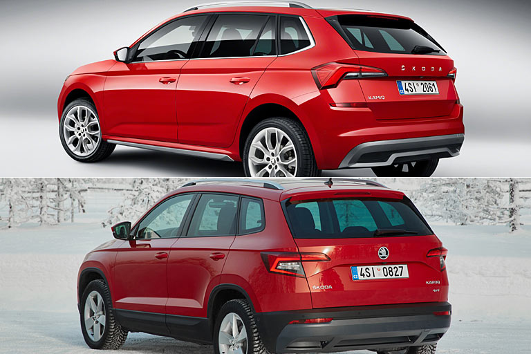 Dies gilt auch für die 3/4-Heckansicht, wobei die Unterschiede in Rädern und Belichtung ihren Anteil an diesem Eindruck haben. Den Karoq gibt es auch mit verchromten Fensterleisten