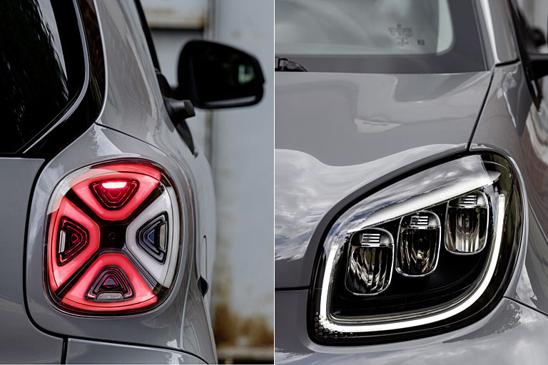 Die Leuchten im Detail: Wechselfarben gibt es am Heck nicht, das äußere Segment ist immer der Blinker. Optionale Voll-LED-Scheinwerfer mit integriertem Blink- und Tagfahrlicht