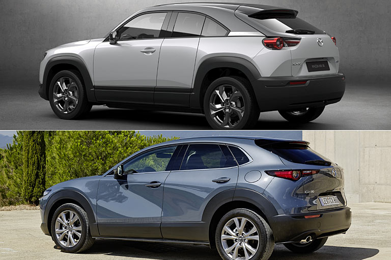 Der CX-30 (unten) ist nicht nur das schönere, sondern auch das praktischere Auto