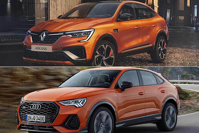 Weil es farblich so gut passt: Gegenüberstellung mit dem wesentlich teureren und etwas kürzeren Audi Q3 Sportback. Brüstungsspiegel hätten dem Arkana auch gut gestanden