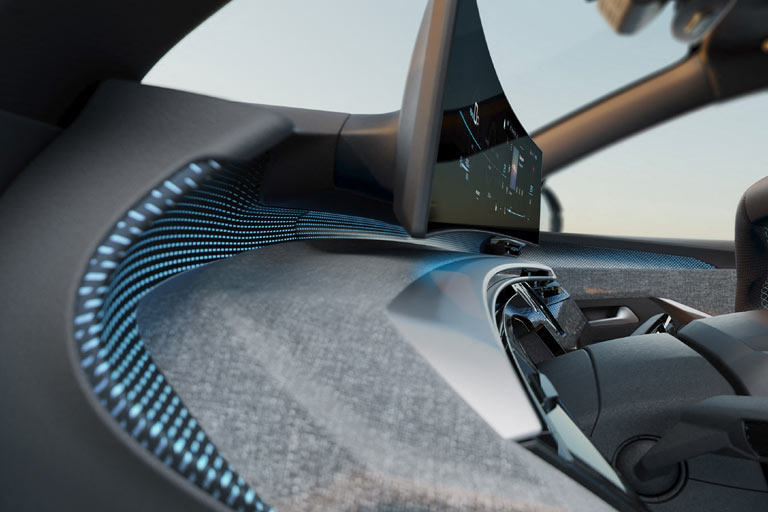 Der Screen ist so befestigt, dass er in der Draufsicht schwebend wirkt. Eine großzügige Ambientebeleuchtung gehört zum Konzept