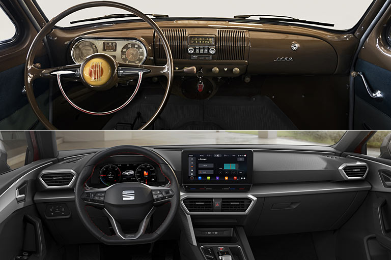 Riesiges Lenkrad, gegenläufige Scheibenwischer und ein zentral angeordnetes Zündschloss im 1400 im Vergleich mit einem modernen Leon